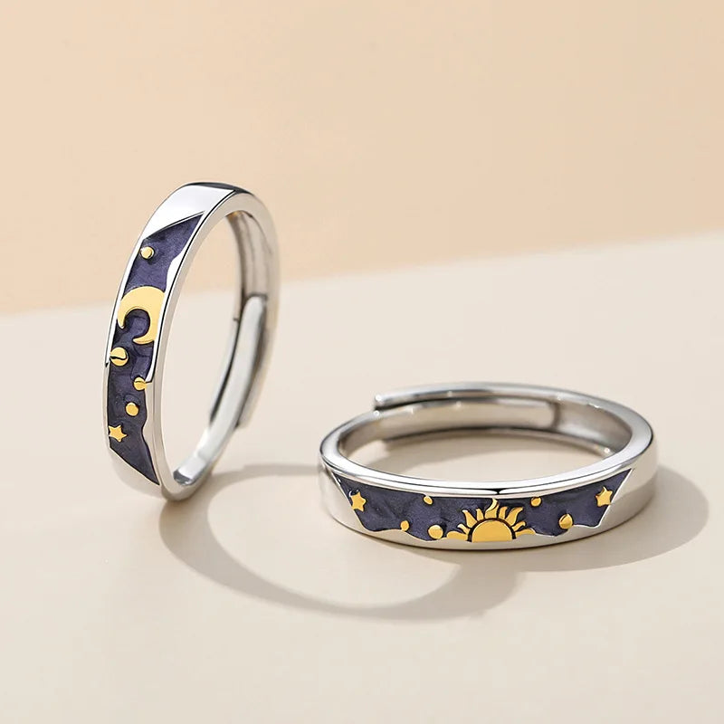 Couples Trendy Personality Open Mouth Fashion Copper Plating Yellow Sun and Moon Couple Ring