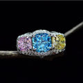 925 Sterling Silver Three Cushion Cut Pink Cubic Zirconia Ring Engagement Wedding Ring