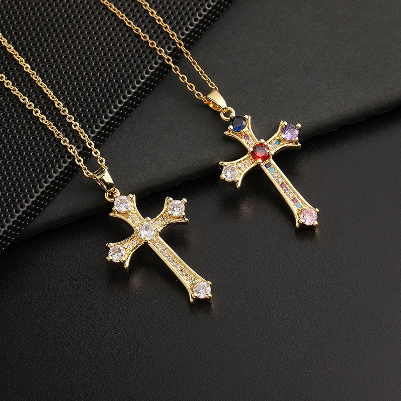 Fashion Jewelry Necklaces Luxury Colorful Cubic Zirconia Cross Necklace Gold Plated Cross Couple Necklace for Couple