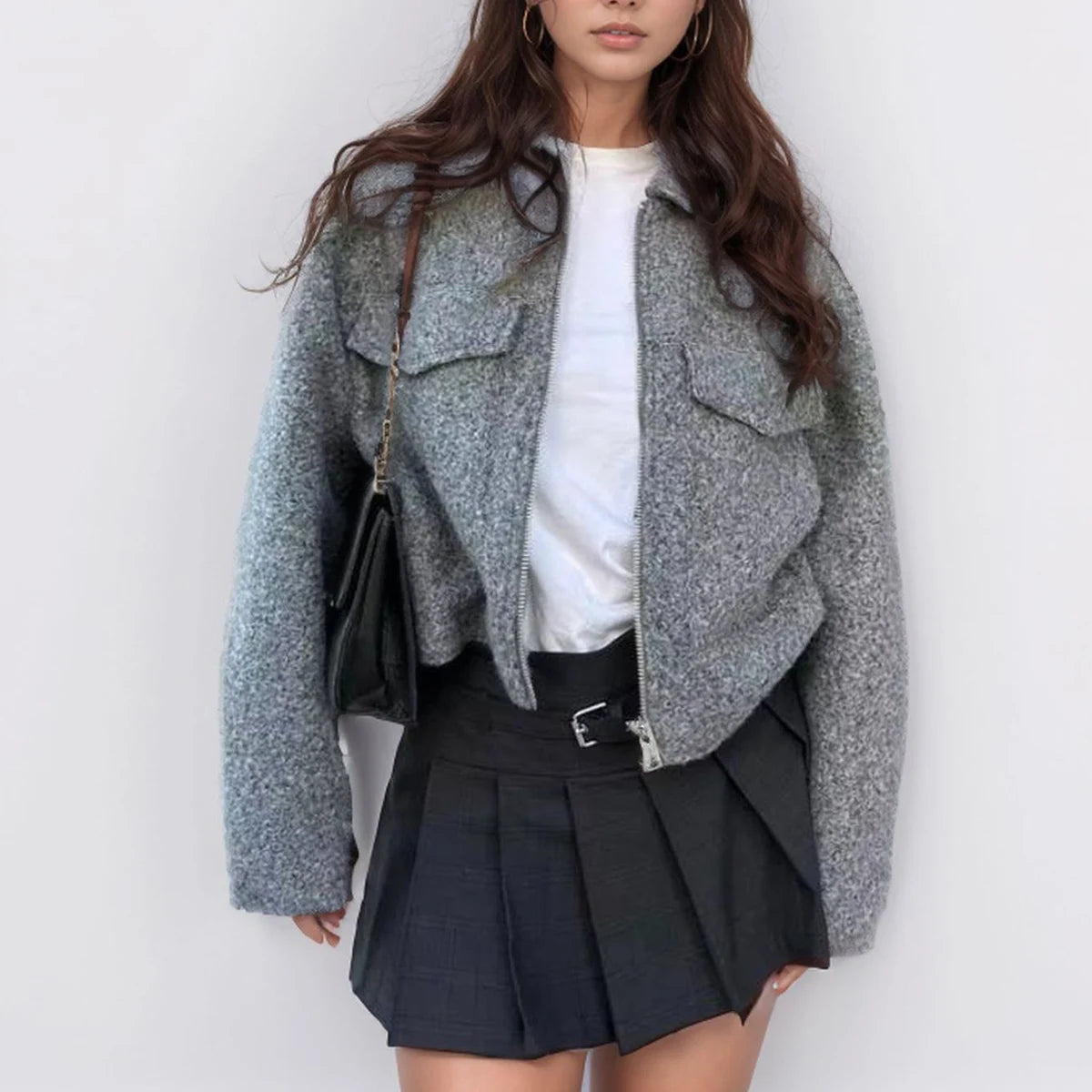 Enyami Luxury Tweed Long Sleeve Pocket Women High Collar Filled Casual Outerwear Autumn Short Women Coats
