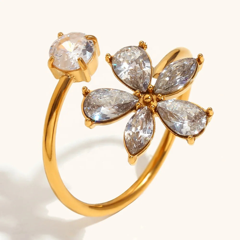 Dingran Latest Fashion Jewelry Ring Jewelry Stainless Steel Gold Plated Flower Zircon Open Rings for Women