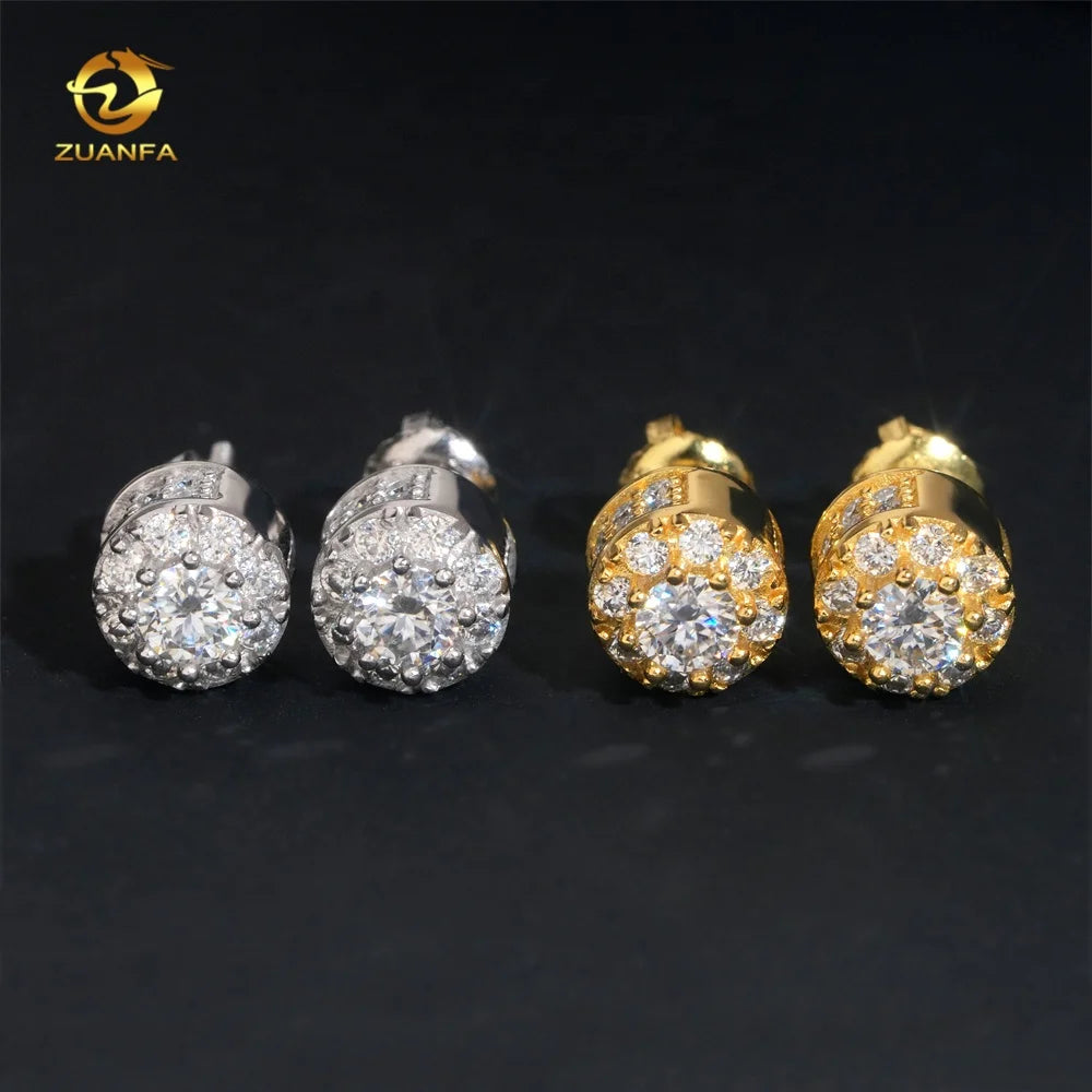 Moissanite Jewelry Halo Design Hip Hop Iced Out Diamond Rhodium Plated 925 Sterling Silver Earrings