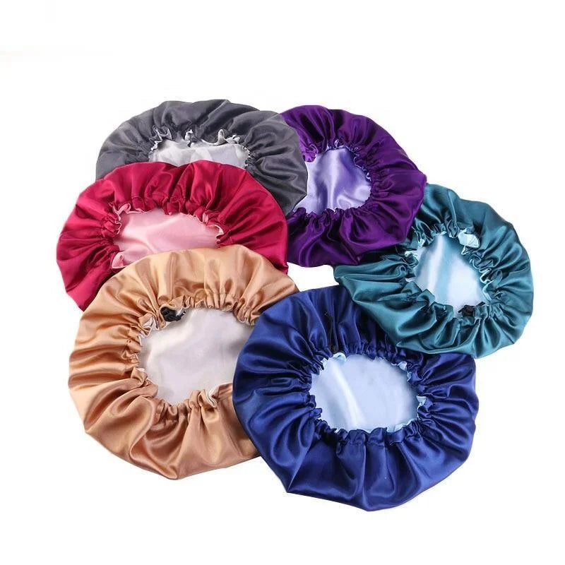 Low Moq Custom Adjustable Fashion Double Layer Satin Silk Velvet Large Women Shower Cap Sleeping Hair Cap Bonnets Hats With Logo
