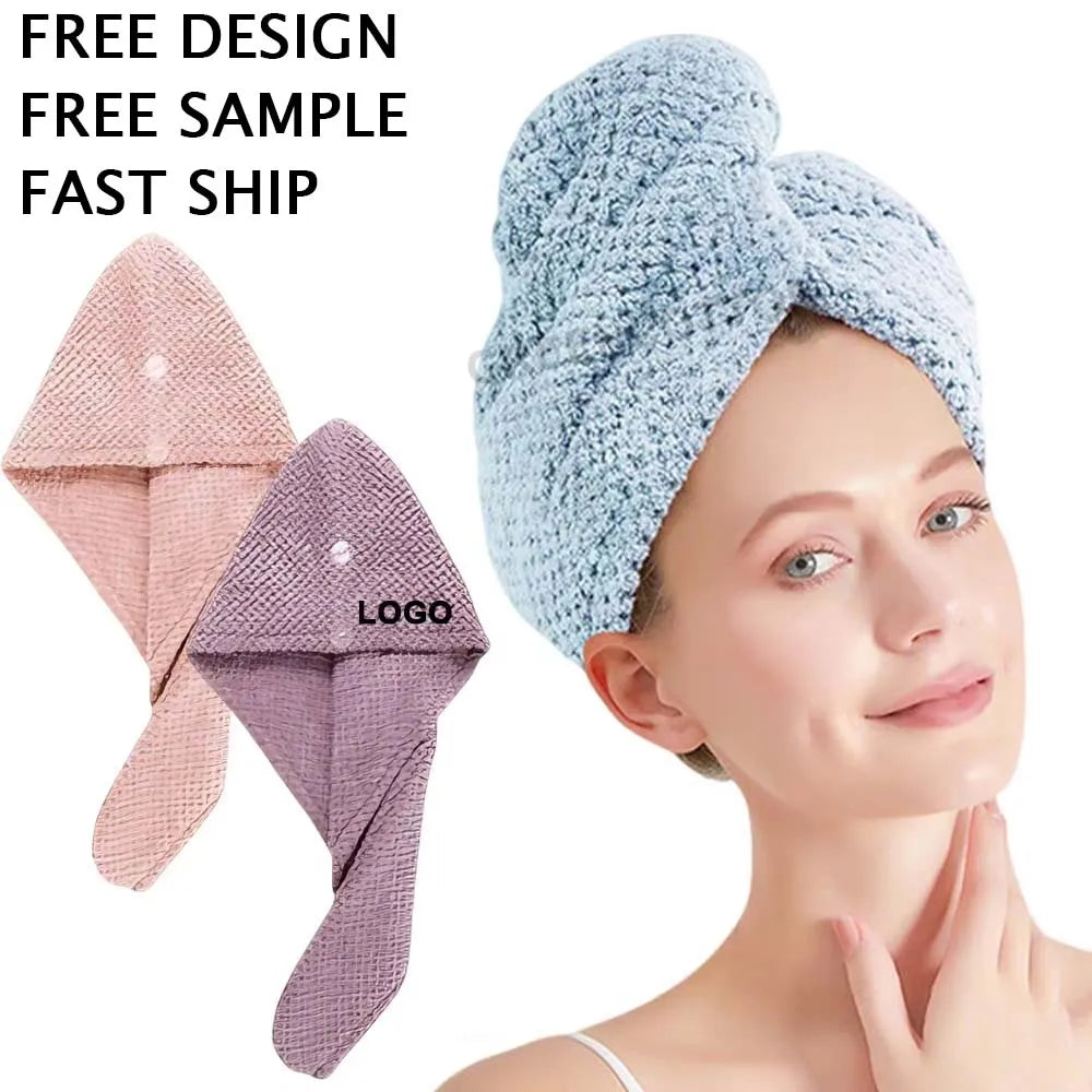 Custom Logo Microfiber Hair Drying Cap Quick-drying Hair Towel Turban Anti-Frizz Hair Drying Towel Wrap for Curly Long Hair