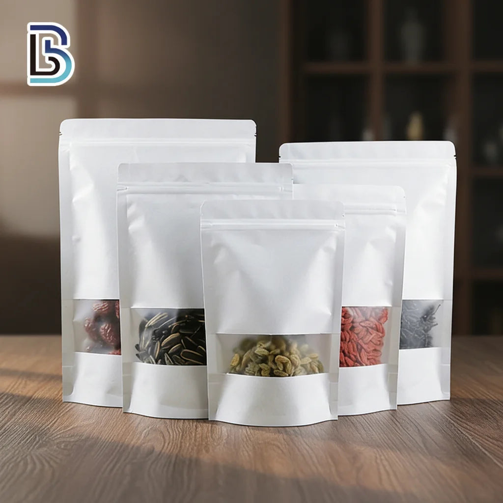 Lebei Packing Wholesale Price Grease Proof White Kraft Paper Zipper Stand up Pouch Bags for Nuts Tea Packaging with Window