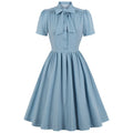 Bow Tie Neck Office Party Dress Retro Solid Blue Hepburn Vintage 50s 60s Pin up Rockabilly Robe Femme 70s Tunic Midi Sundress