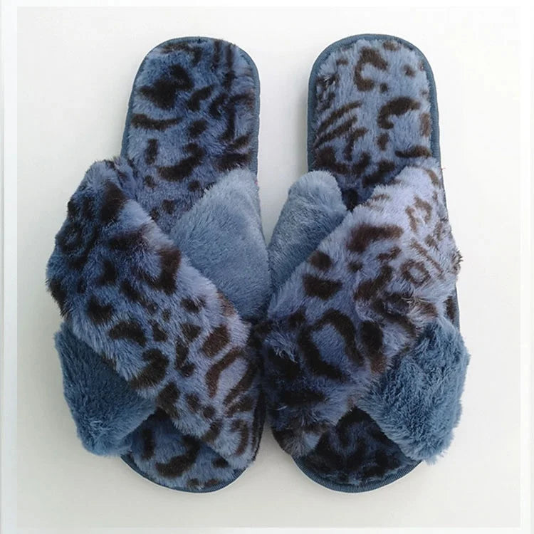 2024 Indoor Bedroom Fluffy for Slippers Ladies Comfortable Cross Band Leopard Print Plush Faux Fur Slides Warm Fleece Lining Sof MegaBDM