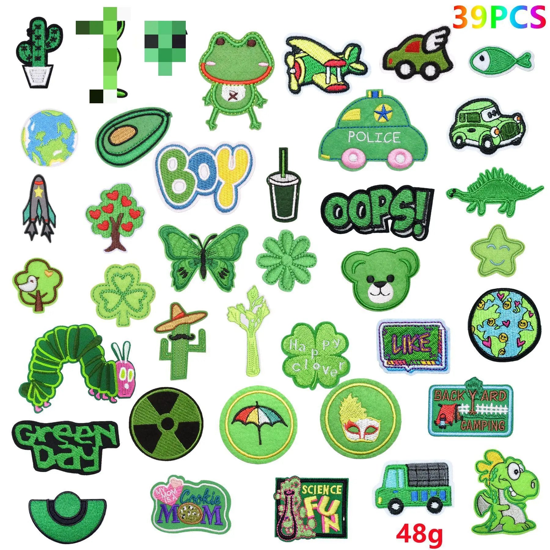 Factory Sell Iron on Green Set Cartoon Caterpillar Car Flight Frog Embroidery Patch for Kid's Clothes Hat Bag Decoration