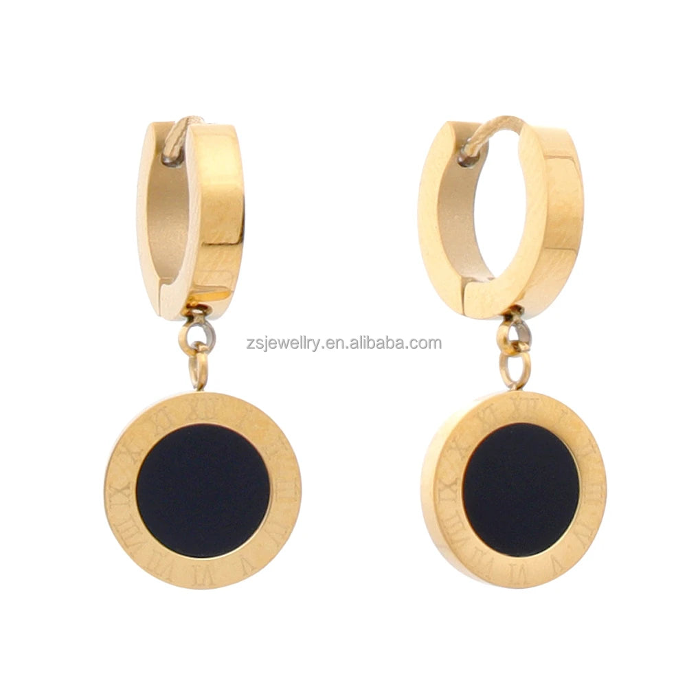 Classic Gold-Plated Women's Jewelry Oversized Black Shell Stone Accessories Stainless Steel Clip-On Earrings
