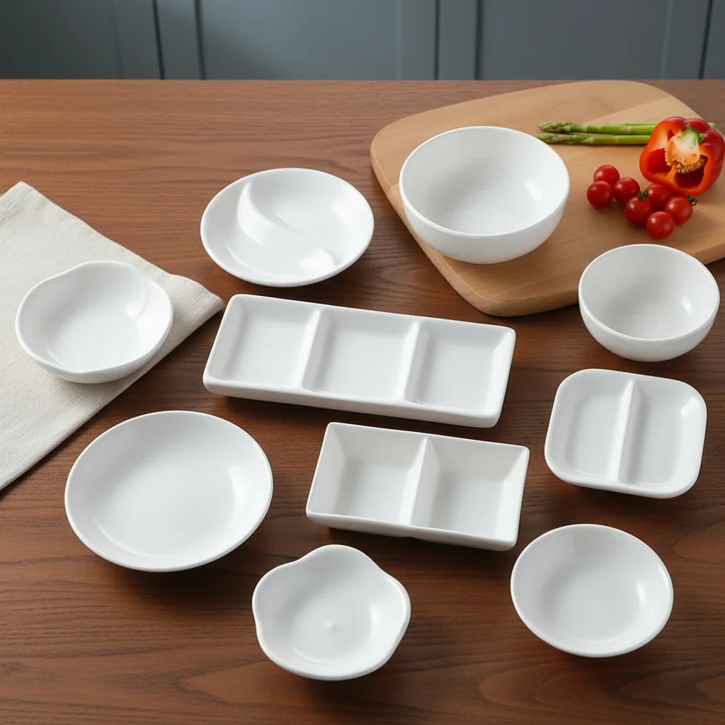 Hotel Restaurant White Melamine Asian Zen Round Customized Pattern Sushi Soy Sauce Soup Dish Wedding Dinner Plates for Wholesale