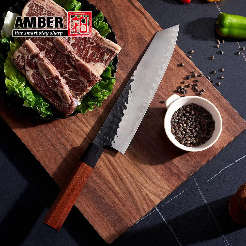 Hand-forged Black Hammered Kurouchi Real High-end Japanese Knife Japanese Steel Aus-10 Kitchen Knife with Wood Handle