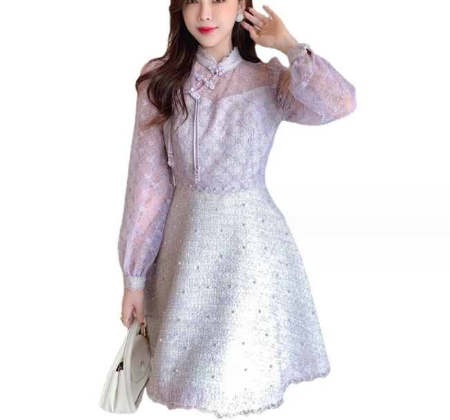 2023 Women's Autumn New A-line Short Skirt Mesh Spliced Small Fragrant Wind Heavy Industry Pan Buckle Nail Bead Dress