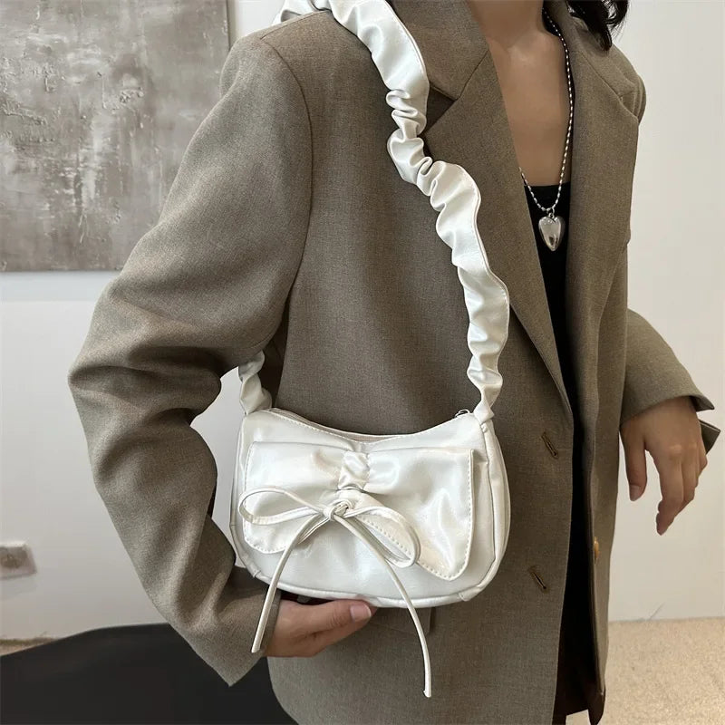 Soft PU Leather Women's Small Shoulder Bags Simple Ruched Design Ladies Underarm Bag Solid Color Bowknot Fashion Purse Handbags