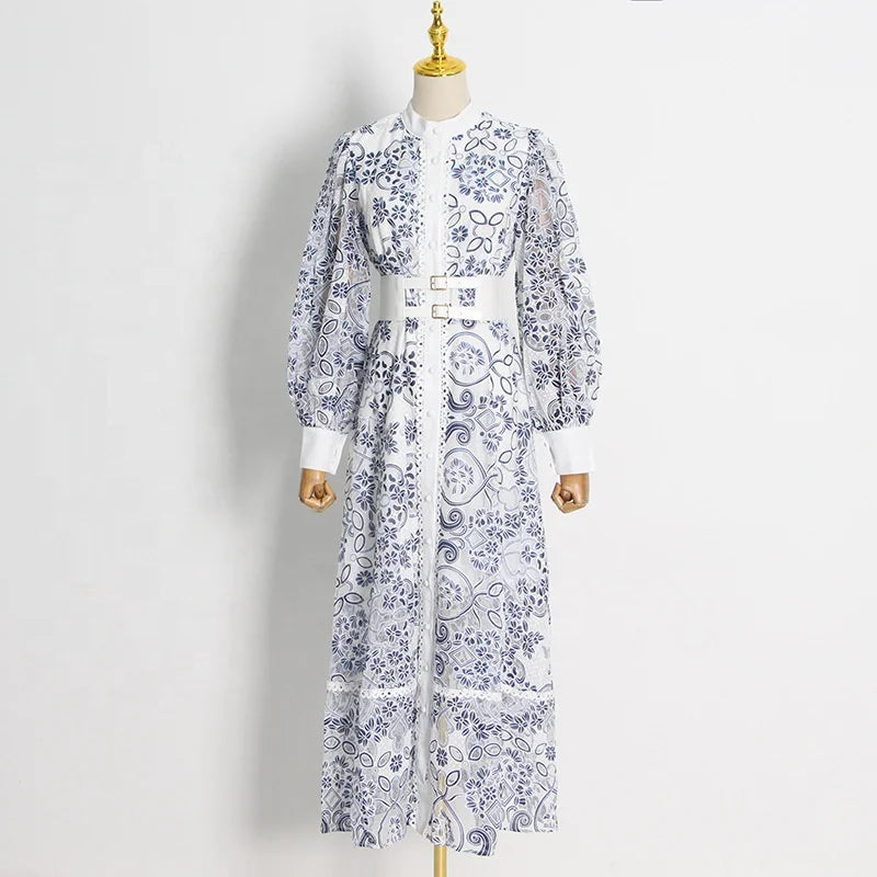 Autumn New Plaid Printed Single Breasted Stand up Collar Plus Size Casual Dress Wholesale Clothing