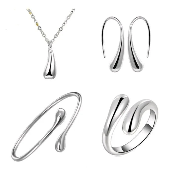 Fashion Silver Gold Plated Accessories Earrings Ring Bracelet Necklace Beautiful Water Drop Jewelry Set Gifts for Women Men