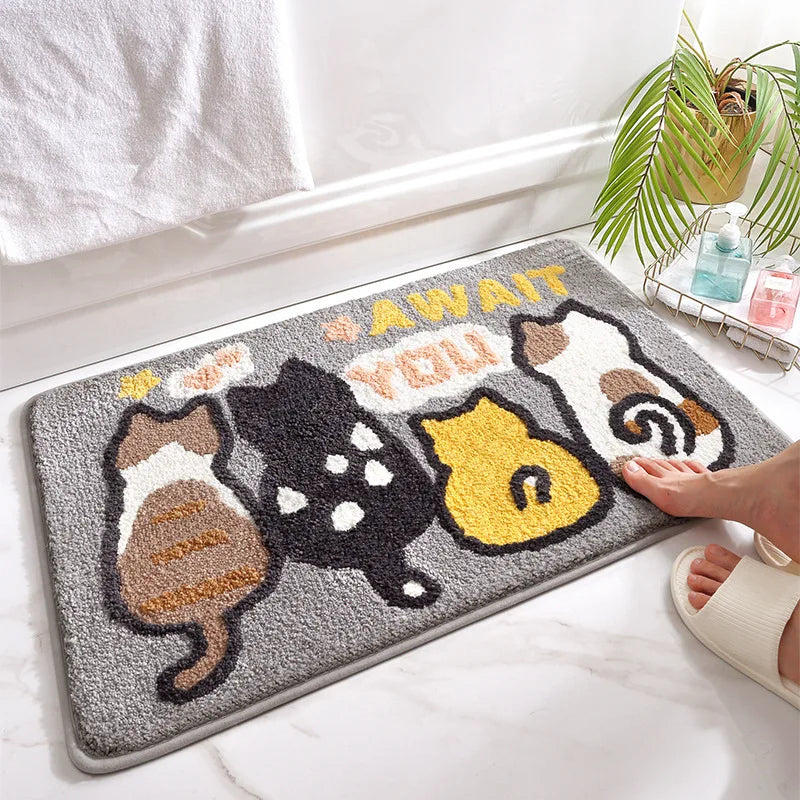 Cheap Custom Printing Anti Slip Polyester Machine Washable Water Absorbent Cute Cat Bathroom Rug Set Bath Mat