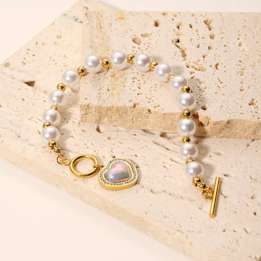 Bohemia Style Stainless Steel 18K Bead OT Buckle Trendy CZ Inlaid Heart Charm Toggle Clasp Pearl Chain Bracelet