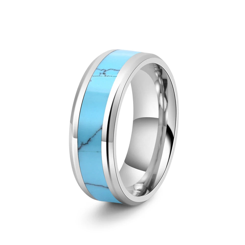 ShuoyeW 8MM Light luxury tungsten steel ring silver green flat bevel set with turquoise tungsten steel ring finger ring 506