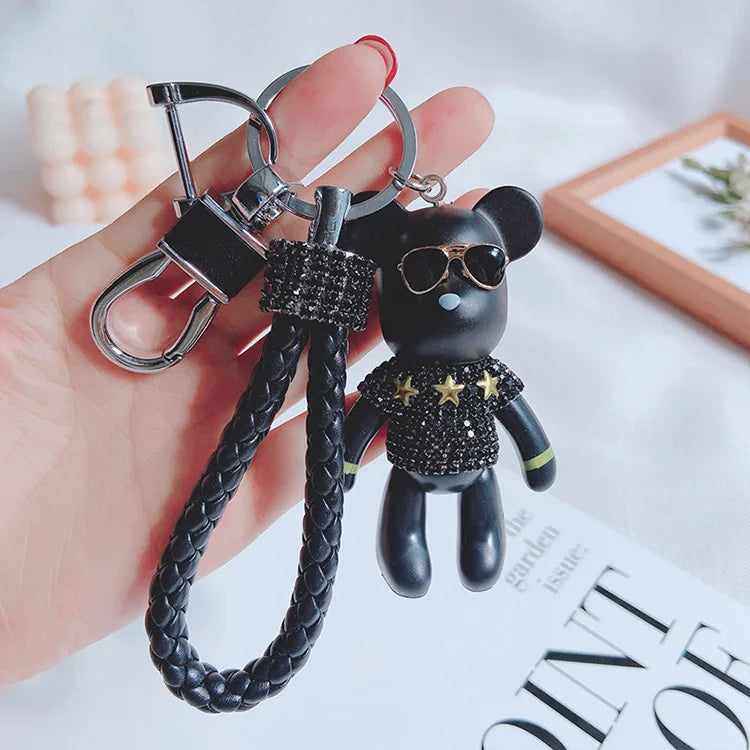 Glitter Leather Strap Bear Key Ring Personality Designer Teddy Bear Key Chain Lovely Diamond Teddy Bear Keychain for Bag