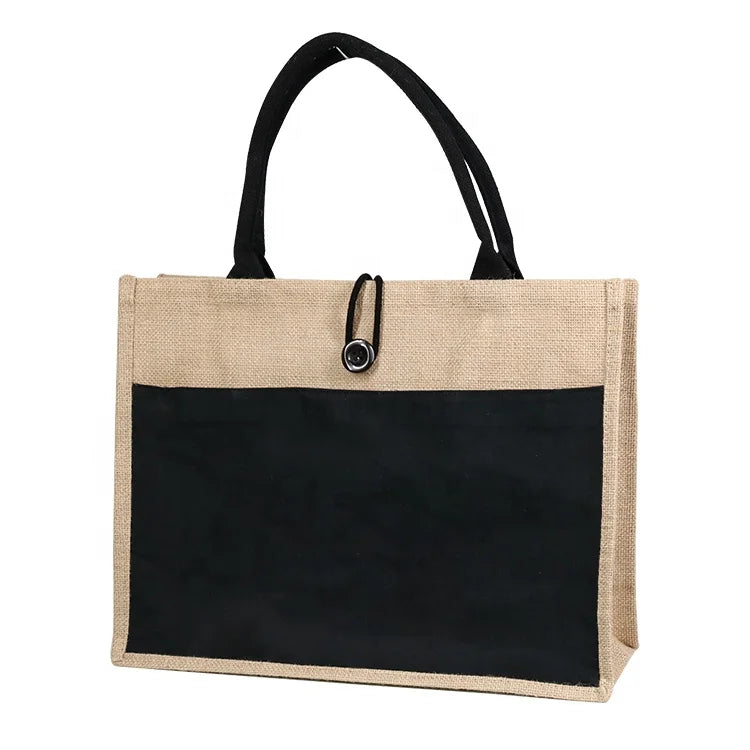 Custom Large Shopping Tote Natural Jute Burlap Bag Hemp Packaging Bag With Outer Pocket