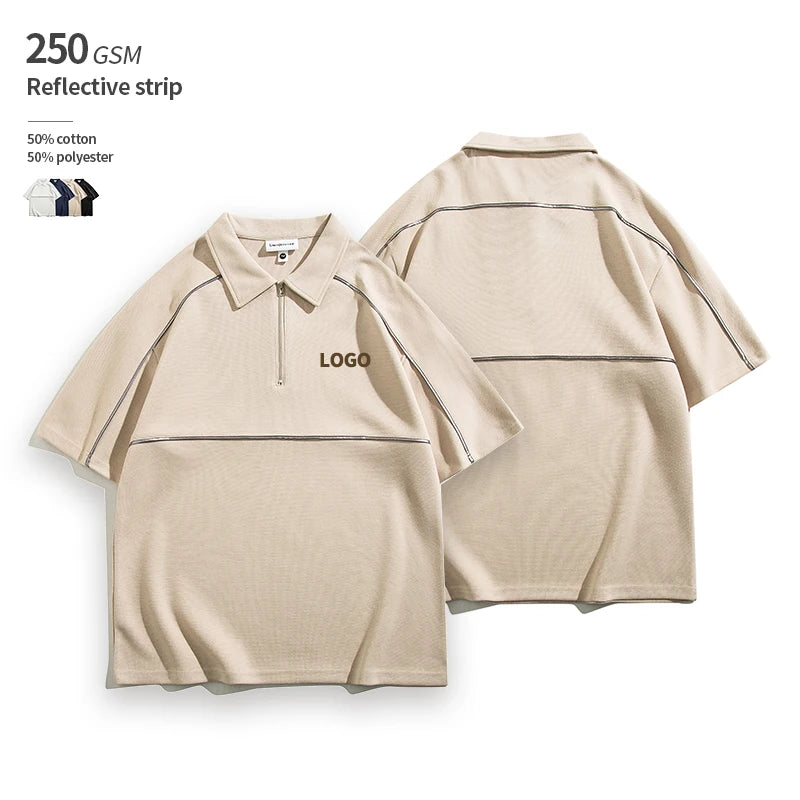 250 GSM Reflective Strips Pique Cotton Zip up Heavyweight 50% Cotton 50% Polyester Streetwear Fashion OEM Custom Polo Tshirt