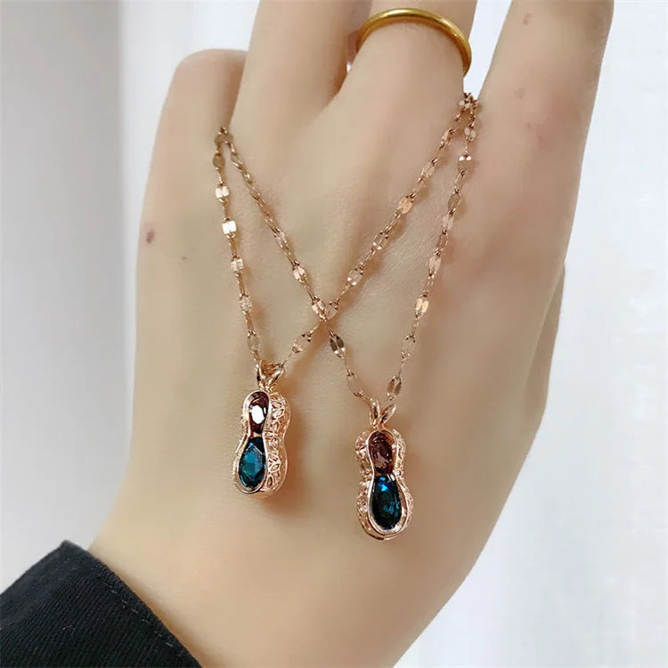 Wholesale Simple New Korean Stainless Steel Gold Plated Women Crystal Gemstone Peanut Choker Necklace