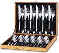 24pcs Shiny Gold Plated Cutlery Set Stainless Steel Cubiertos Bestek Flatware Set for 6 Tableware Gift Set with Blue Wooden case