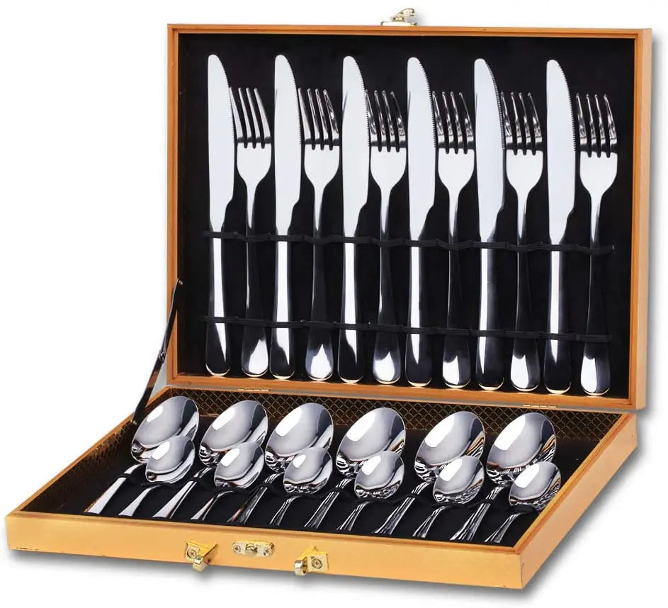 24pcs Shiny Gold Plated Cutlery Set Stainless Steel Cubiertos Bestek Flatware Set for 6 Tableware Gift Set with Blue Wooden case