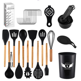 Manufacturers Eco-friendly Dish Drying Racks Drainer Cooking Silicone Kitchen Utensils Set with Wooden Handle