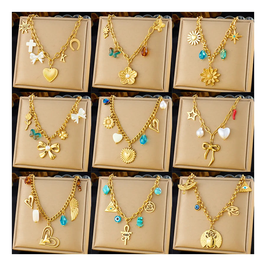 New Fashion Multi Charm Tarnish Free Stainless Steel Heart Bow Flower Cherry Charm Necklace 18k Pvd Gold Plated Pendant Necklace