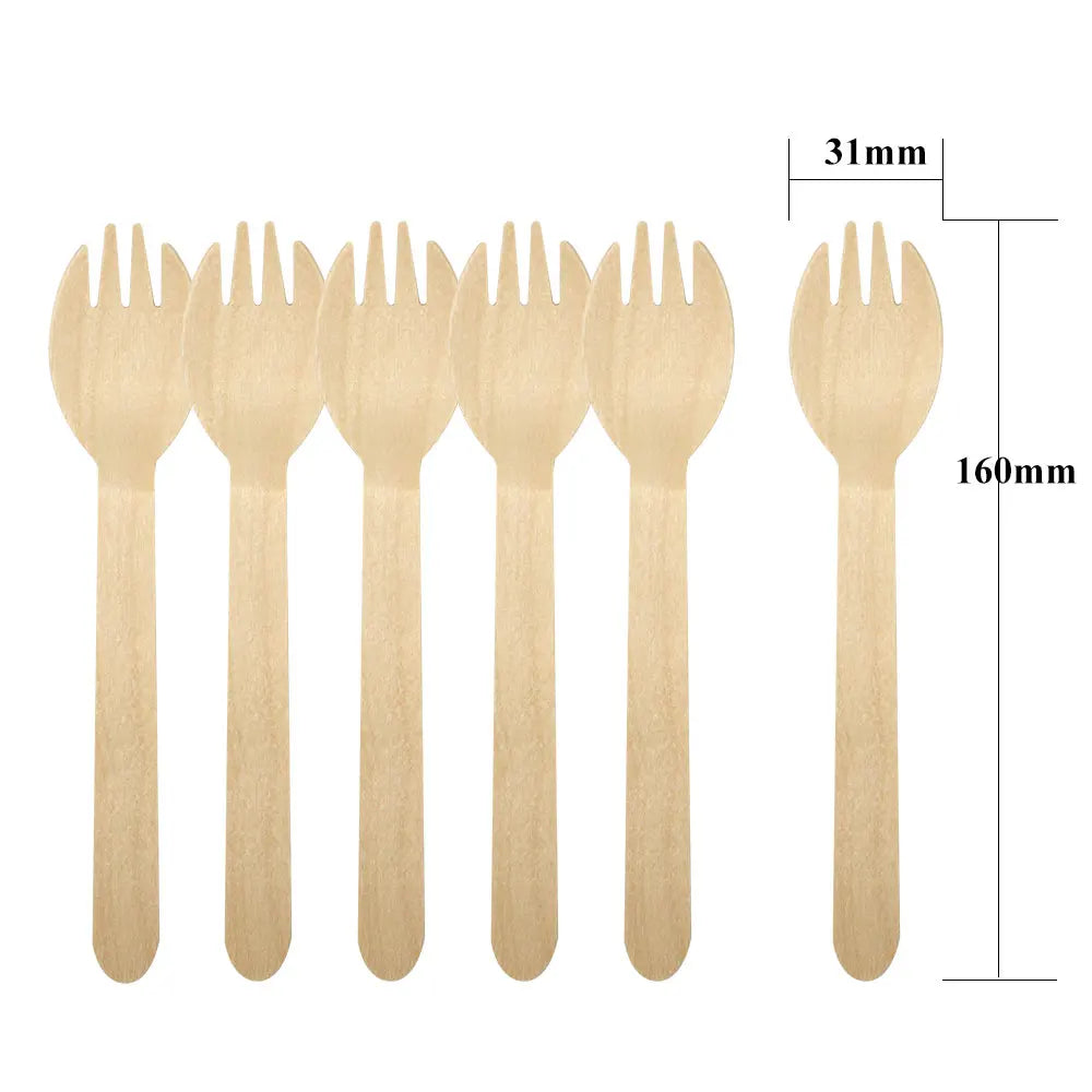 160MM Custom Logo Eco-Friendly Bulk Tableware Set Birch Wood with Integrated Fork and Spoon Disposable Dinnerware