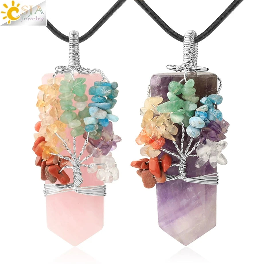 CSJA 7 Chakras Crystal Necklace Natural Amethyst Stone Tree of Life Wire Wrapped Gem Stone Quartz Pendants G677