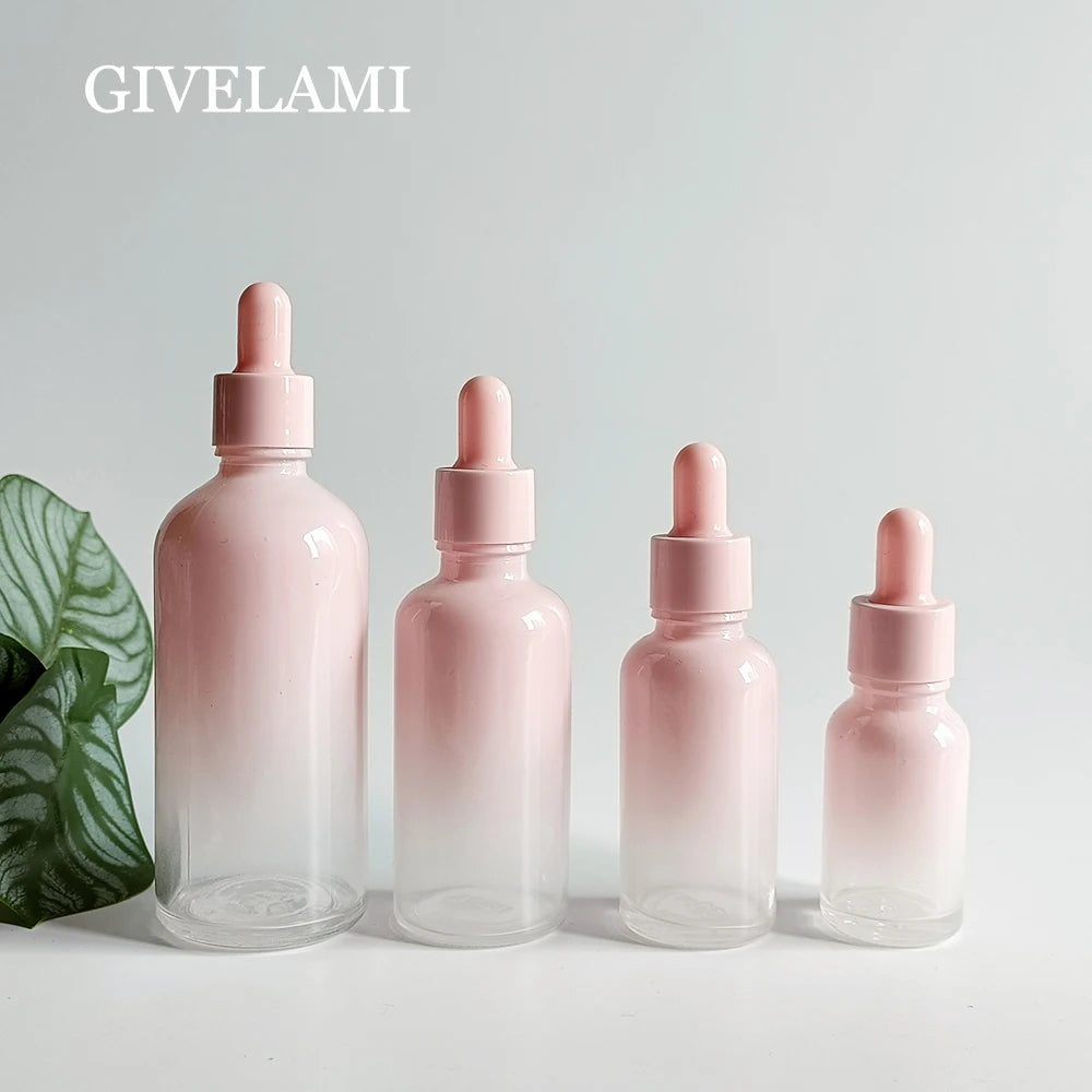 Wholesale 5ml-100ml Cosmetic clear pink Gradient Round for Liquid Essential Oil Glass Dropper Bottle Container with pink Lids