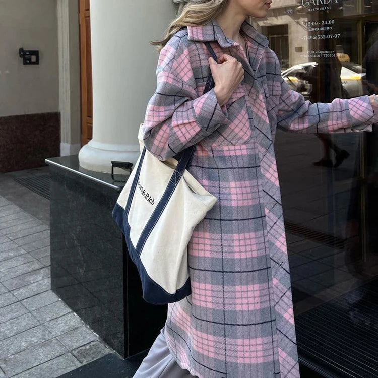 Clothing Manufacturer Wholesale Casual Fashionable Pink Checked Ladies Coats Women's Winter Long Coat for Women
