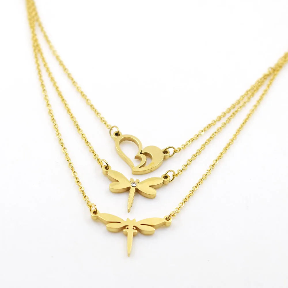 Cute Gold Plated Stainless Steel Link Chain Dragonfly Heart Pendant Necklace Set Party & Wedding Gift for Mother