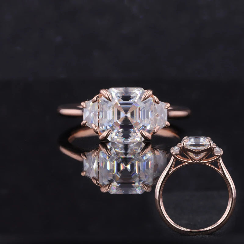 Starsgem Jewelry Ring Collection 14k Rose Gold Asshcer Cut 8x8mm Three Moissanite Stones Setting Engagement Wedding Ring