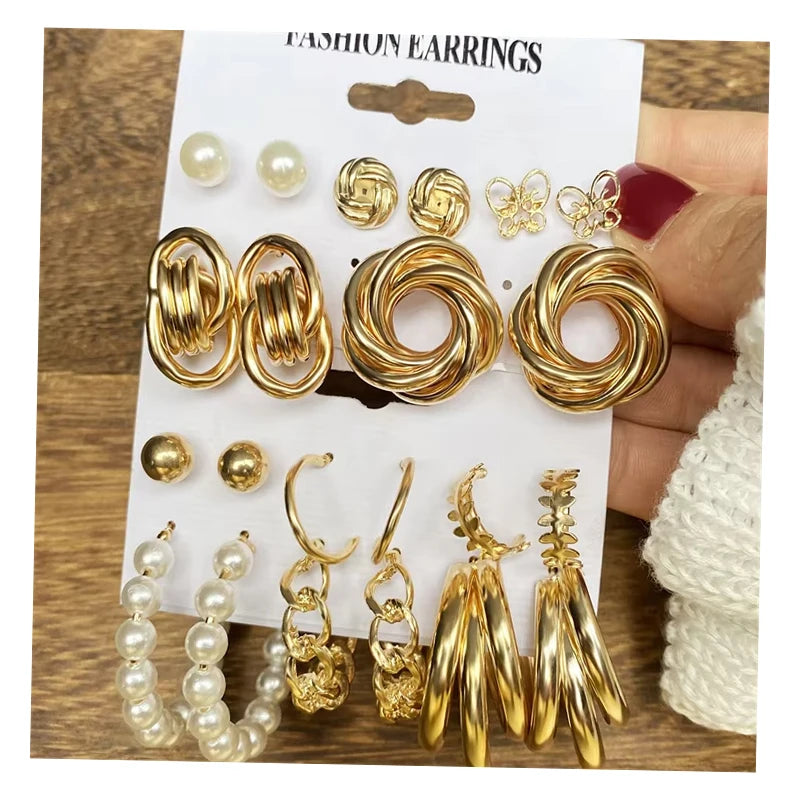 VKME Trendy Geometric Hoop Earrings for Women Gold Twist Earring Set Mixed Designs Pearl Acrylic Alloy Flower Stud Earrings