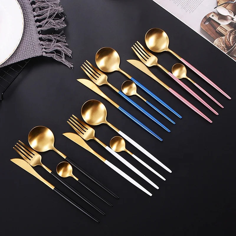 Economic Portugal Portuguese Colorful Stainless Steel 304 (18/10) PVD Black Matte Gold Cutlery Kichan Set Flatware