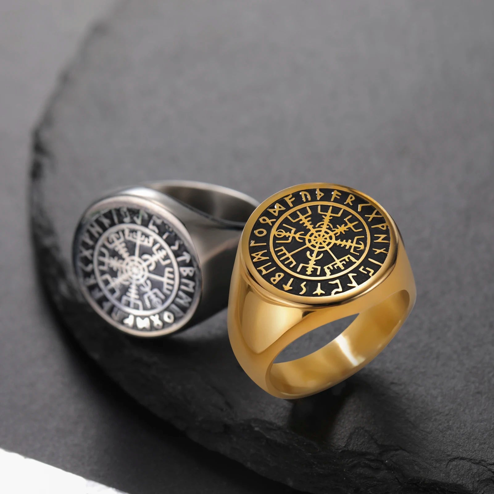 Viking Stainless Steel Engraved Black Ring Punk Gold Plated Viking Amulet Ring Jewelry Amulet Ring for Men