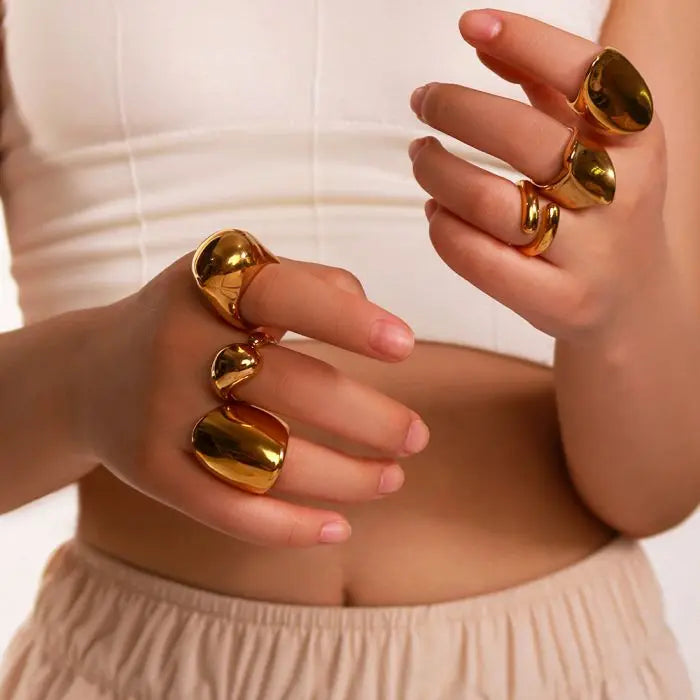 Waterproof Fashion Stainless Steel 18K Gold Plated Irregular Geometry Chunky Thick Ring Set Jewelry Women Girls Men