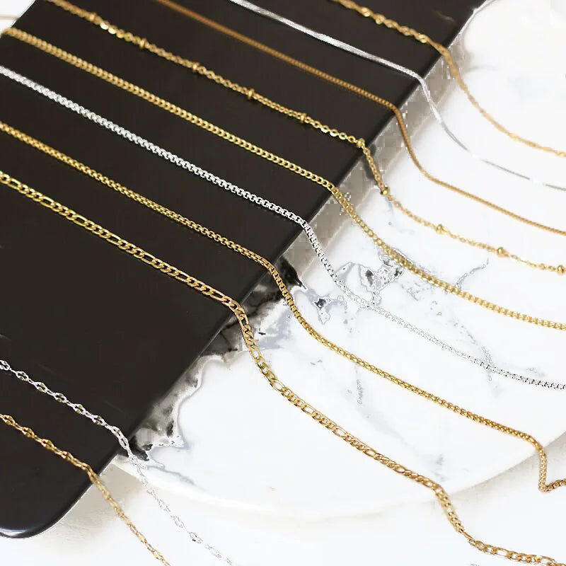 Different Style Gold Beads Link Necklace Wholesale Box Chains Stainless Steel Water Wave Chain Link Simple Curb Chain Necklace