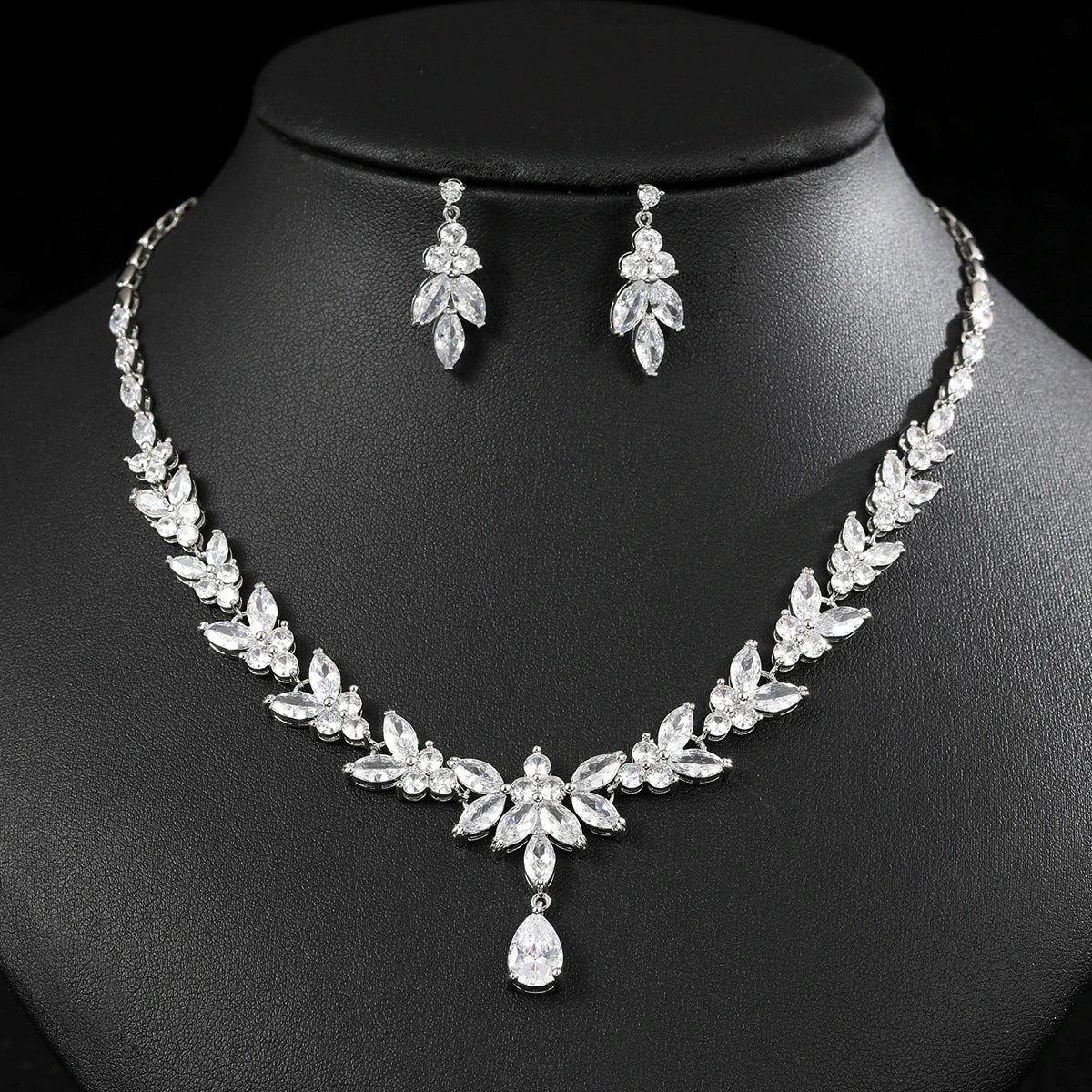 SLBRIDAL Luxury Sparkling Tree Branch Style Bridal Cubic Zircon Necklace Earring Set Wedding CZ Jewelry Set Women Prom Jewelry