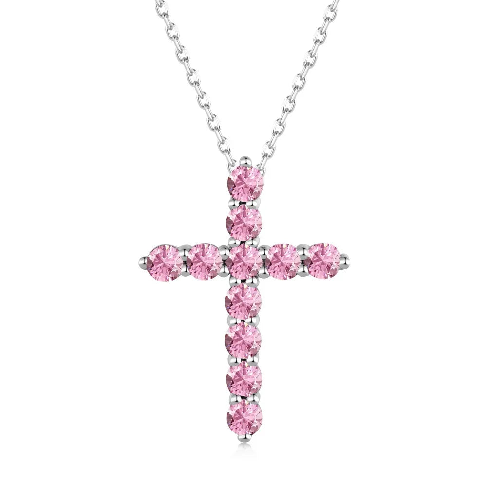 S925 Sterling Silver Pink Cubic Zirconia Cross Heart Pendant Necklace for Women Girls