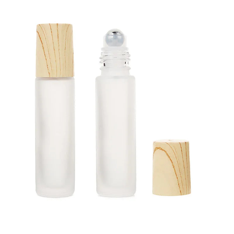 10ml Frosted Cylinder Perfume Oil Container Glass Roll-on Bottle with Screen Printing Wood Grain Cap Metal Roller for Lip Tint
