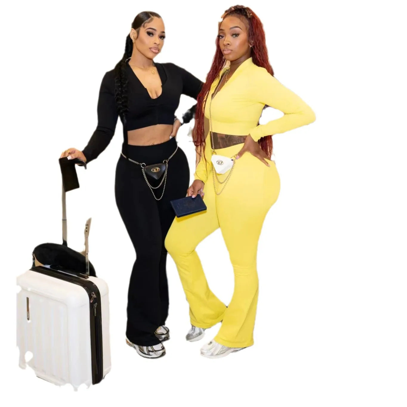 Good Selling Casual Long Sleeve Solid Color Coat Crop Halter Top and Long Pants 3 Piece Set