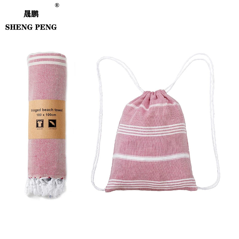 Wholesale Custom Luxury Turkish Beach Towel Bag 100% Cotton Striped Tassels Sand Free Quick Dry Adults Kids Best Selling