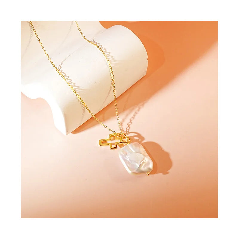 Free Design Hot 925 Sterling Silver Cross Necklace Women's Baroque Pearl Necklace