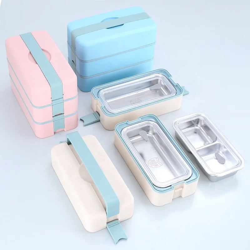 Easily Carried Stainless Steel Liner Bento Lunch Box for Students Double Layer PP with Convenient Handle