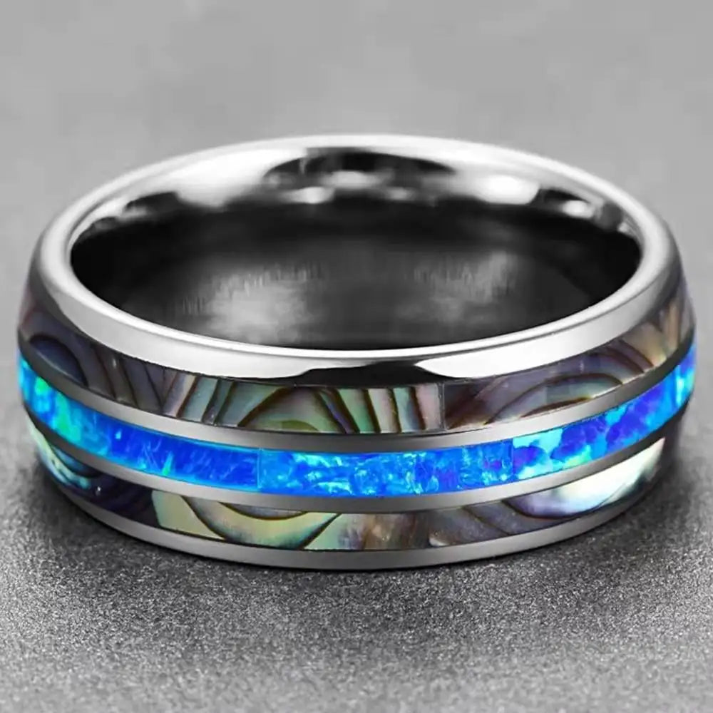 Fashion 8mm Men Stainless Steel Ring Personality Opal Abalone Seashell Ring Geometric Shape Rings for Men Wholesale in Stock
