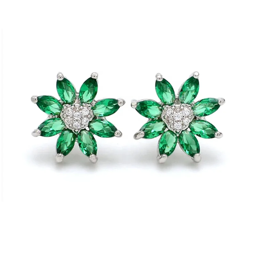 New Arrival Statement Flower Stud Earring Fine Jewelry White CZ Sapphire Green Emerald Brass Jewelry Accessories